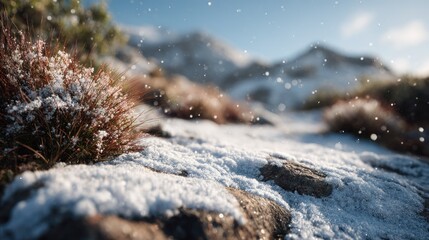 Serene winter landscape with soft snowfall and delicate mountain scenery