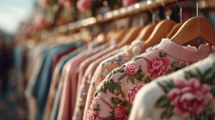 Display of floral embroidered sweaters hanging on a wooden rack in a store