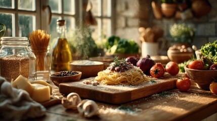 Inviting rustic kitchen scene with prepared spaghetti on cutting board