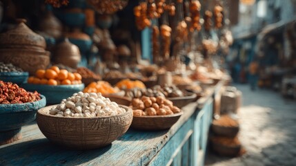 Captivating array of spices and dried fruits displayed at a vibrant market stall