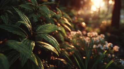 Enchanting glimpse of vibrant foliage illuminated by the morning sun's rays