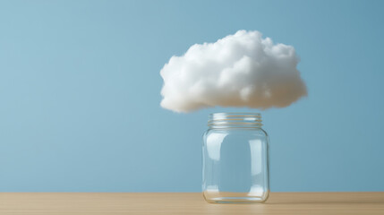 Whimsical cloud appears to float above clear glass jar, set against soft blue background. scene evokes sense of wonder and imagination, inviting viewers to ponder possibilities of capturing nature