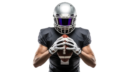 American football player holding ball isolated on transparent background