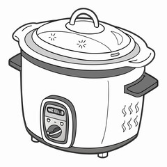 White electric rice cooker with gray accents and steam