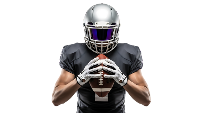 American football player holding ball isolated on transparent background