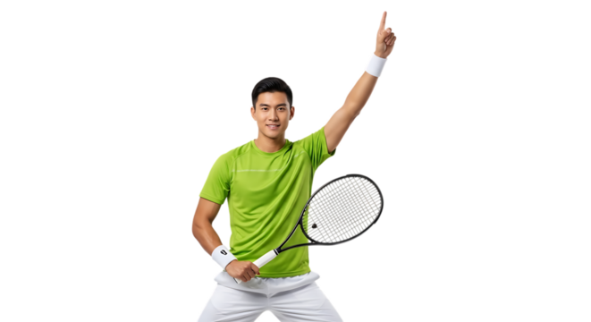 Asian male tennis player celebrating victory with racket raised isolated on transparent background