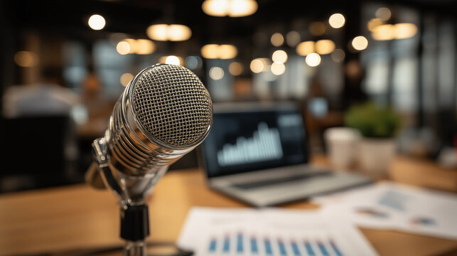 A microphone, charts, and reports with coworkers using laptops