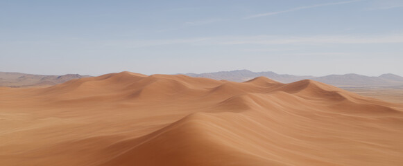 Vast desert landscape featuring rolling sand dunes under clear blue sky, showcasing beauty of nature arid terrain. warm tones of sand create serene and tranquil atmosphere