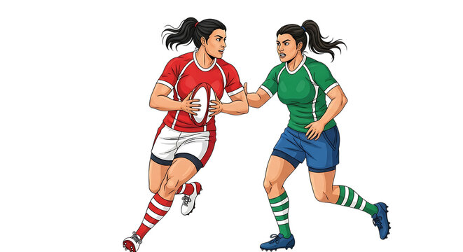 Two women playing rugby in action isolated on transparent background