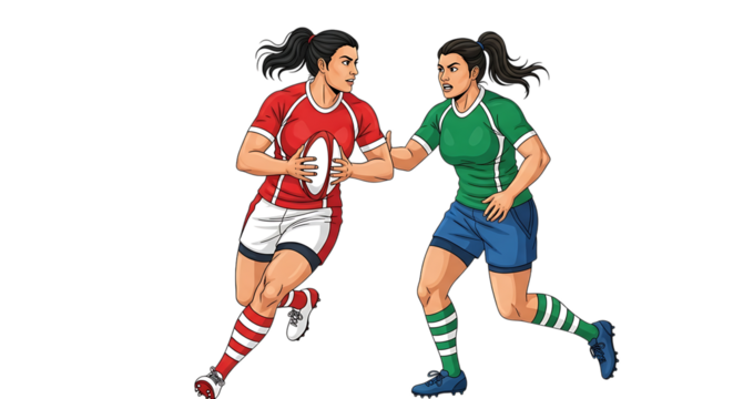 Two women playing rugby in action isolated on transparent background