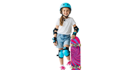 Young girl in protective gear holding a pink skateboard isolated on transparent background