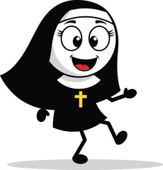 Cartoon nun character, joyful pose, religious attire, black habit, cheerful expression, animated figure, playful illustration, dancing nun, white background
