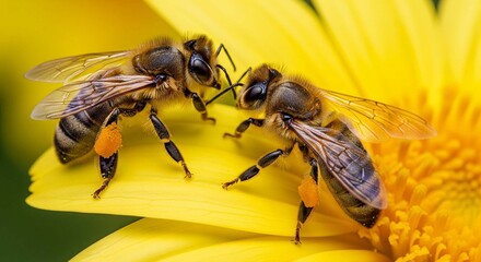 Busy Bees' Embrace: Two honeybees are closely situated on a vibrant yellow flower, interacting in a moment of connection and purpose.