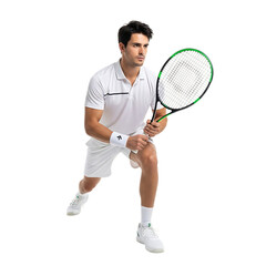 Tennis player holding racket ready to serve isolated on transparent background