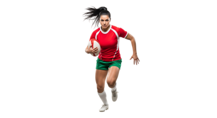 Female rugby player running with ball isolated on transparent background