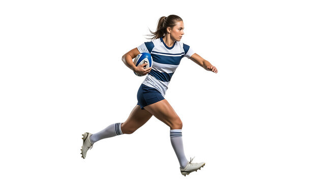 Female rugby player running with ball isolated on transparent background