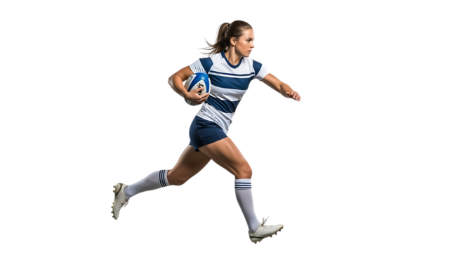 Female rugby player running with ball isolated on transparent background