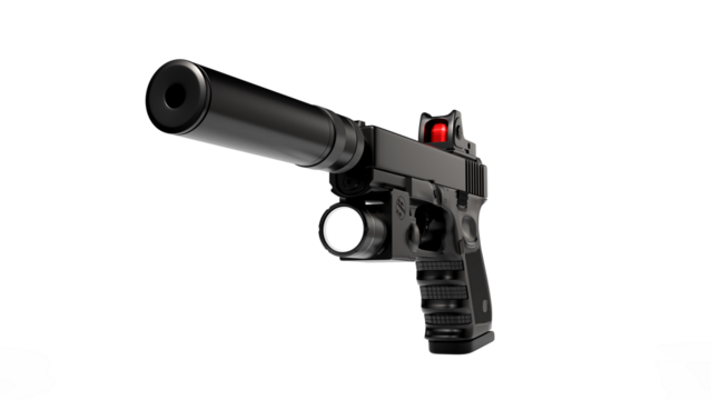 High-quality 3D model of a mechanical handheld device with cylindrical extension and ergonomic grip, isolated on white background, concept for Pistol with Suppressor and Red Dot Sight