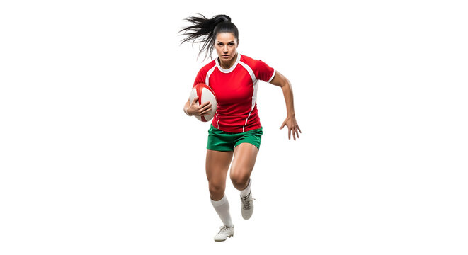 Female rugby player running with ball isolated on transparent background
