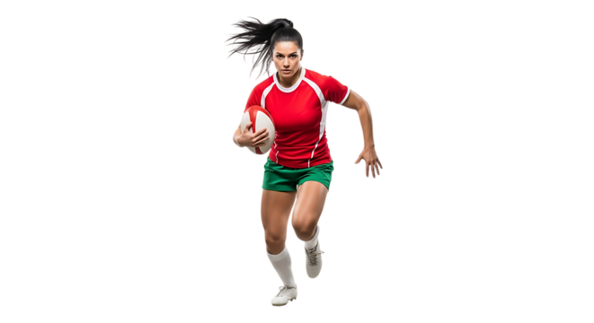 Female rugby player running with ball isolated on transparent background - Powered by Adobe