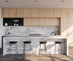 Modern kitchen with marble countertops, wooden cabinets, and black bar stools