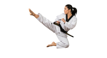 Young woman in martial arts uniform performing a high kick isolated on transparent background