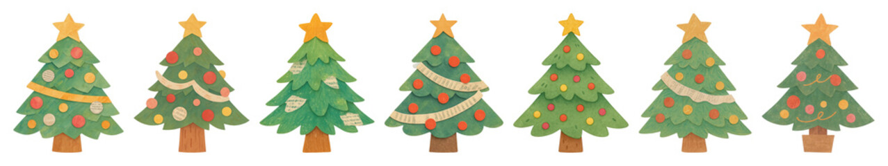 PNG Festive hand-drawn Christmas trees, element set on transparent background