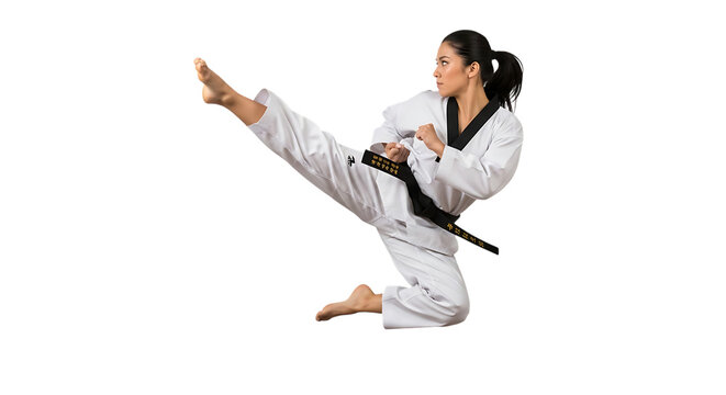Young woman in martial arts uniform performing a high kick isolated on transparent background - Powered by Adobe