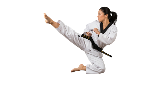 Young woman in martial arts uniform performing a high kick isolated on transparent background