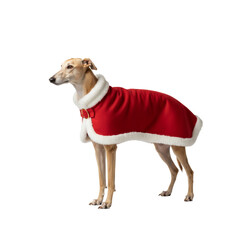 PNG cut out isolated background. A studio portrait of an elegant Greyhound or Whippet dog standing while wearing a red and white Santa Claus cape. 
