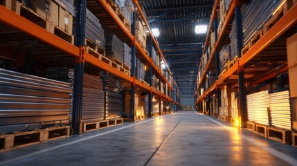 Fototapeta premium A wide-angle view of a modern warehouse interior showcasing organized shelves filled with materials