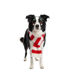 PNG cut out isolated background. A studio portrait of an intelligent Border Collie dog sitting while wearing a festive red and white striped scarf and novelty Christmas glasses.