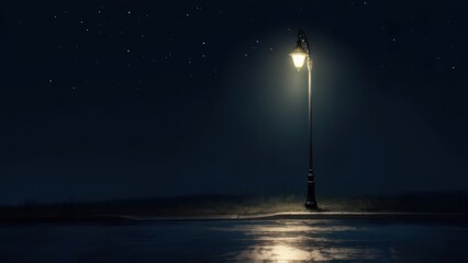 A solitary street lamp casting a warm glow on a wet road at night.