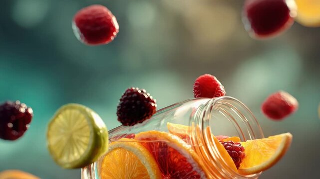 Vivid fruits like oranges and lemons float in a jar, making a refreshing drink
