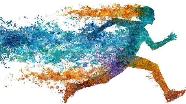 Abstract runner silhouette with artistic paint effect on white background