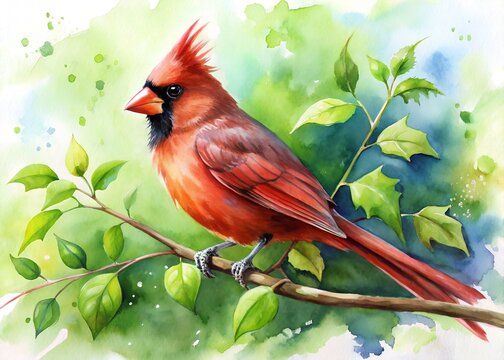 Watercolor painting of a cardinal perched on a branch with green leaves, showcasing its vibrant red plumage