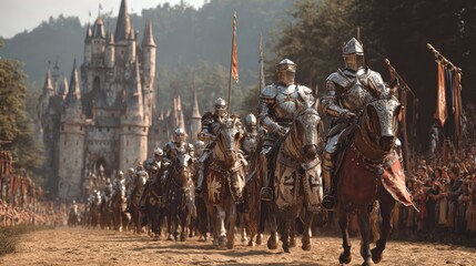 Naklejka premium Knights in shining armor riding horses, historical medieval castle in the background