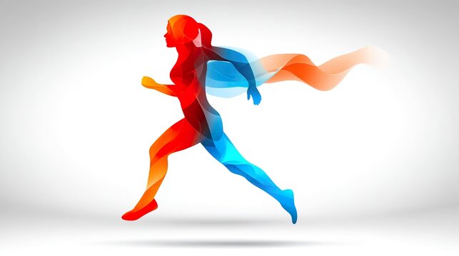 Abstract silhouette running woman in motion with colorful stream
