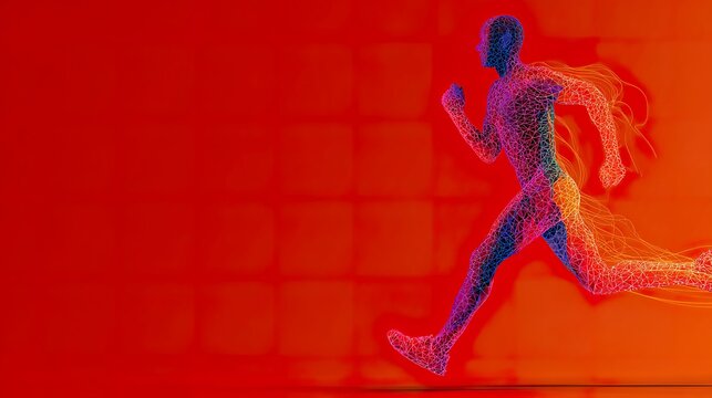 Digital runner in action with energetic lines red orange background - Powered by Adobe
