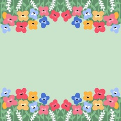 Colorful floral frame open space with red, yellow, blue, and pink flowers on green background. Cute garden border illustration for spring, nature, and greeting card design.