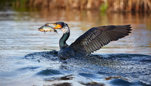 a great cormorant phalacrocorax carbo caught a perch fish on its beak