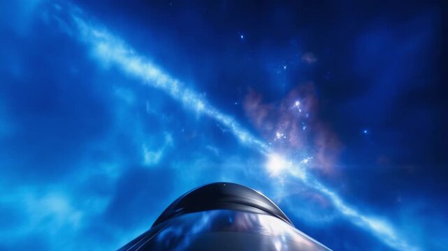 A sleek silver spacecraft rockets past a colossal blue nebula, the camera locked tightly behind, pushing forward as glowing gas swirls violently around it