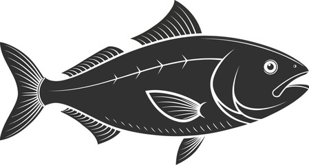 Silhouette of a majestic fish swimming gracefully in the deep blue sea with open mouth and detailed fins