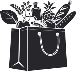 Grocery bag overflowing with fresh produce and goods in a black and white vector illustration
