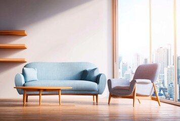 Modern living room with light blue couch, chair, wooden table, shelves and city view