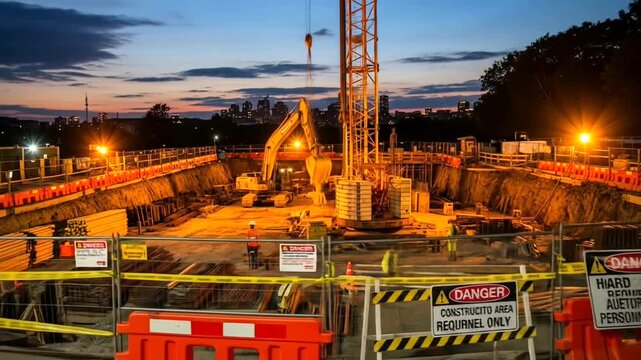 Construction Site at Dusk: Crane and Excavator in Operation Under Dramatic Sky, with Safety