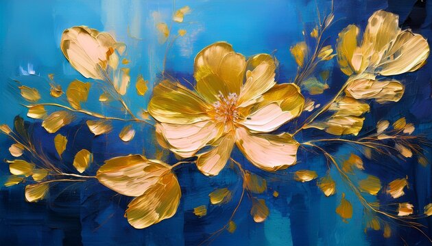 abstract art acrylic oil painting of gold floral blooming flowers and leaves on blue colored canvas background generative ai
