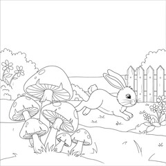 Adorable cartoon rabbit hopping through a whimsical garden scene with a cluster of mushrooms, flowers, and a fence, a delightful black and white outline illustration for children's coloring books