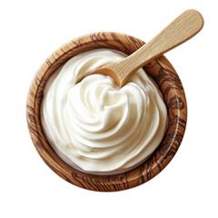 Delightful wooden bowl of creamy swirl yogurt with a light wooden spoon