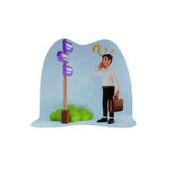 3D Character Standing Near Signpost with Question Marks in Light Background Decision Making Illustration